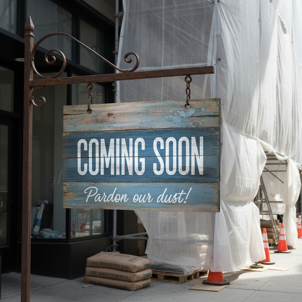 A weathered wooden sign hangs outside a building under construction, reading COMING SOON and Pardon our dust!
